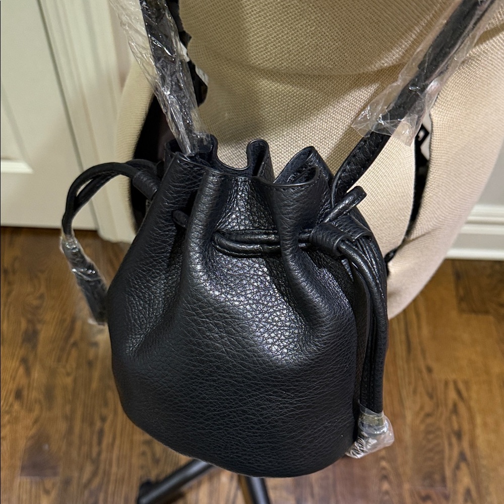 Black Pebbled Leather Drawstring Mini Bucket Bag - image 5